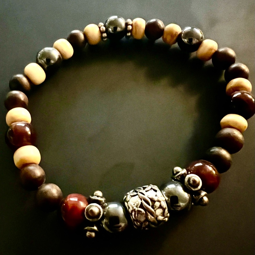 Hand Crafted bracelet w/Red Tiger eye, Hematite & other natural elements